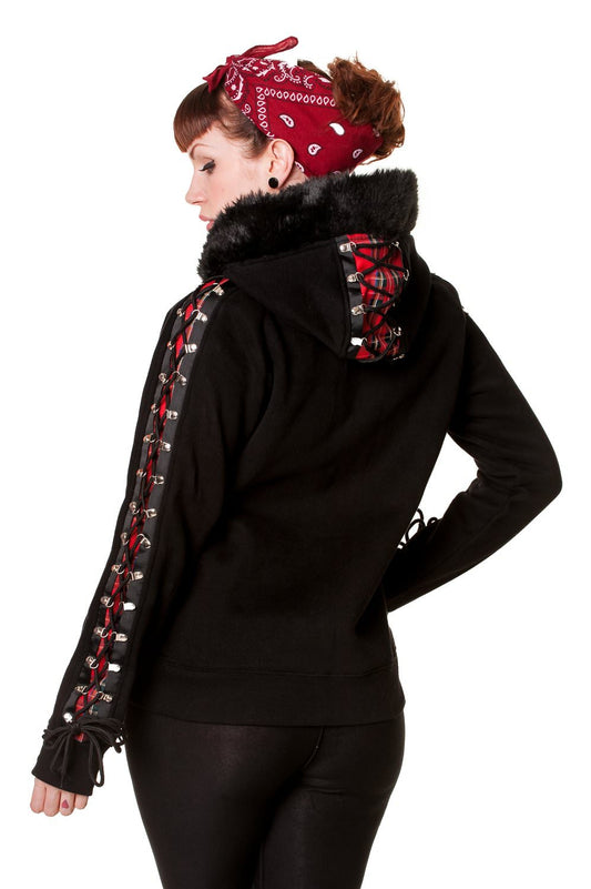 Banned Alternative Red Tartan Corset Black Hoodie