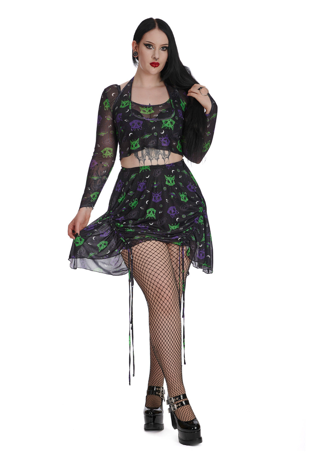 Banned Alternative ALIEN SPACE CAT MESH MINI SKIRT