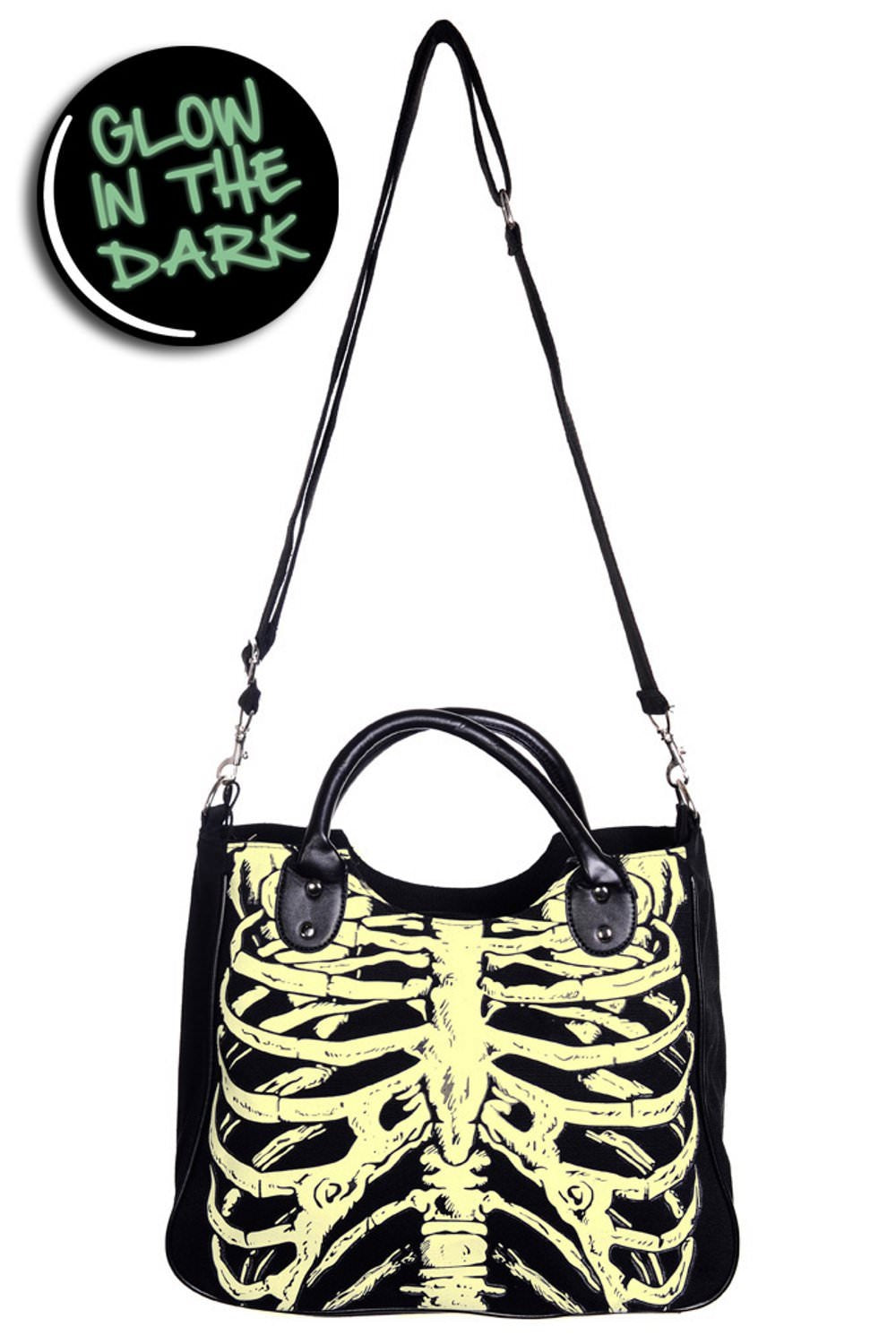 Black shoulder bag with glow in the dark skeleton rib cage print