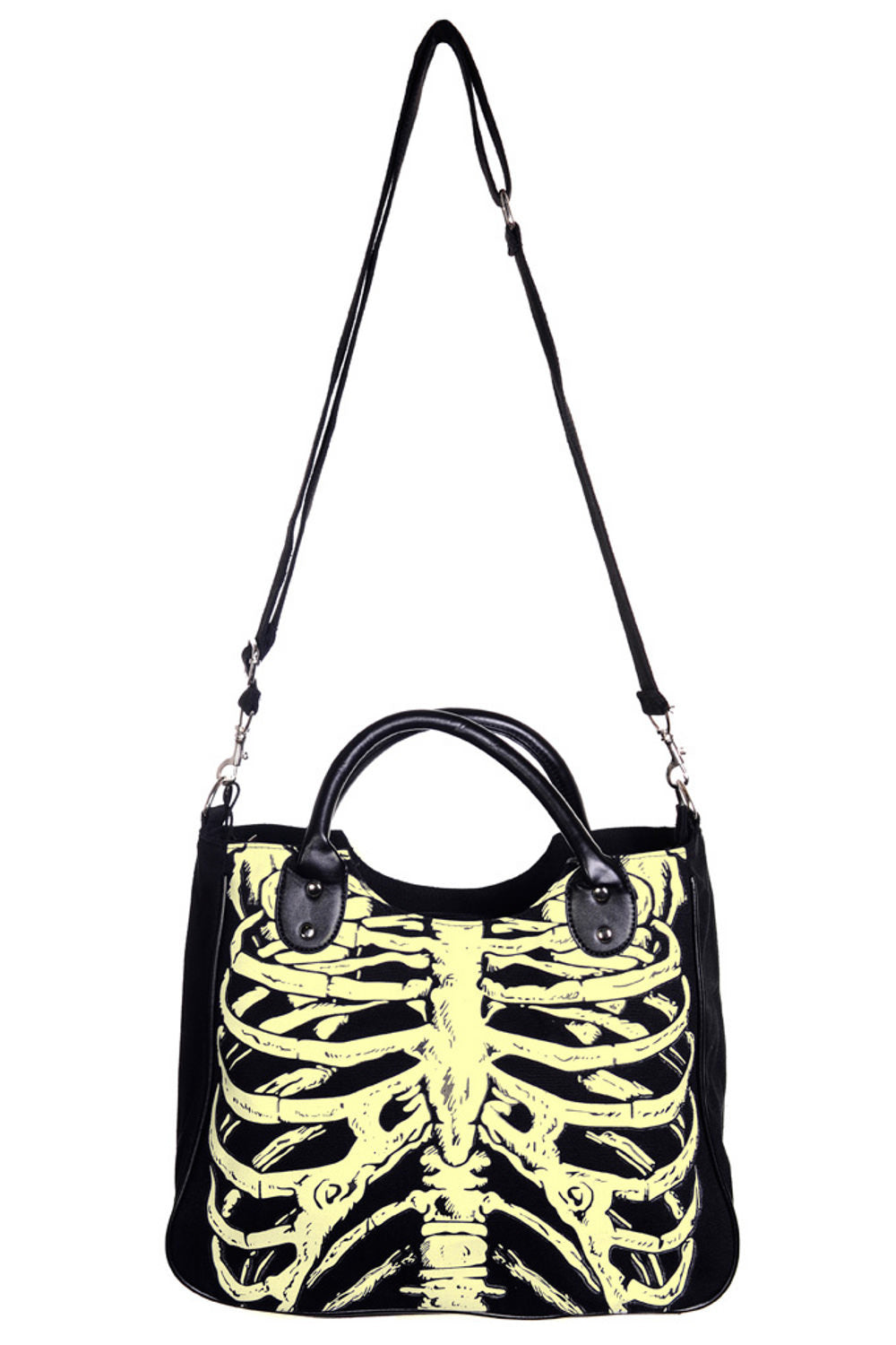 Black shoulder bag with glow in the dark skeleton rib cage print