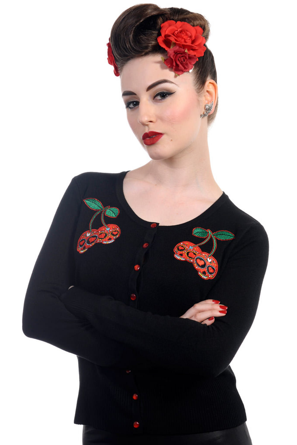 Goth vintage inspired black cardigan with red skull cherries