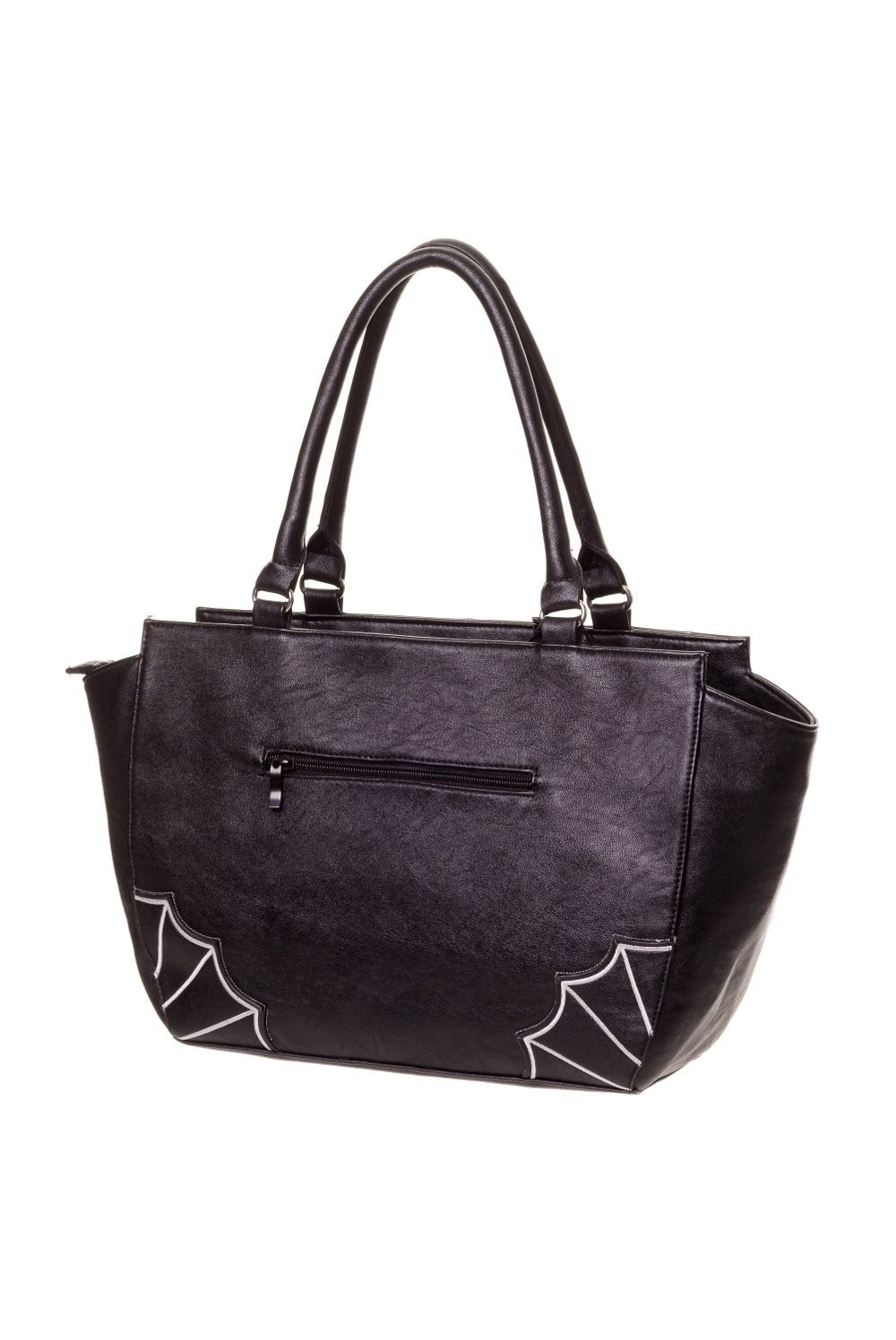Back of Large handbag with spider web and bat details in white