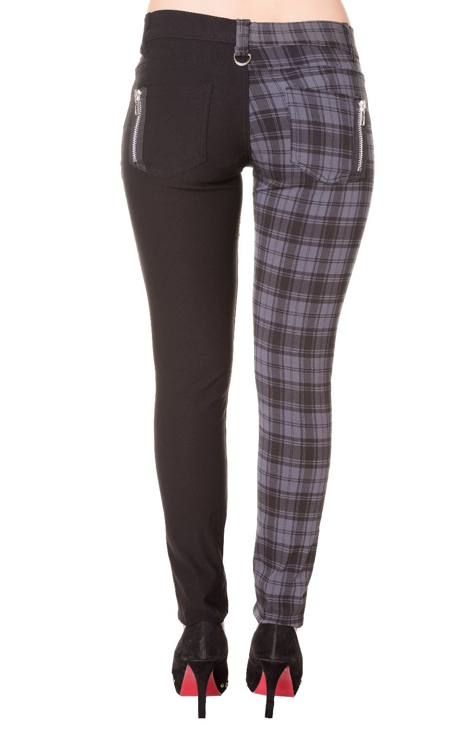 Low rise skinny jeans with one black leg and one grey check leg