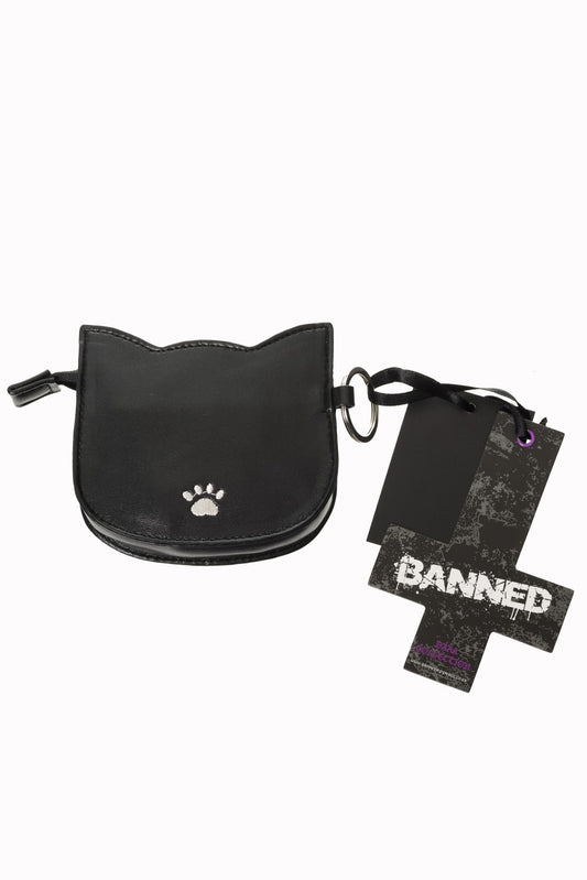 Back of cat head shaped coin purse with white paw print on and banned alternative label