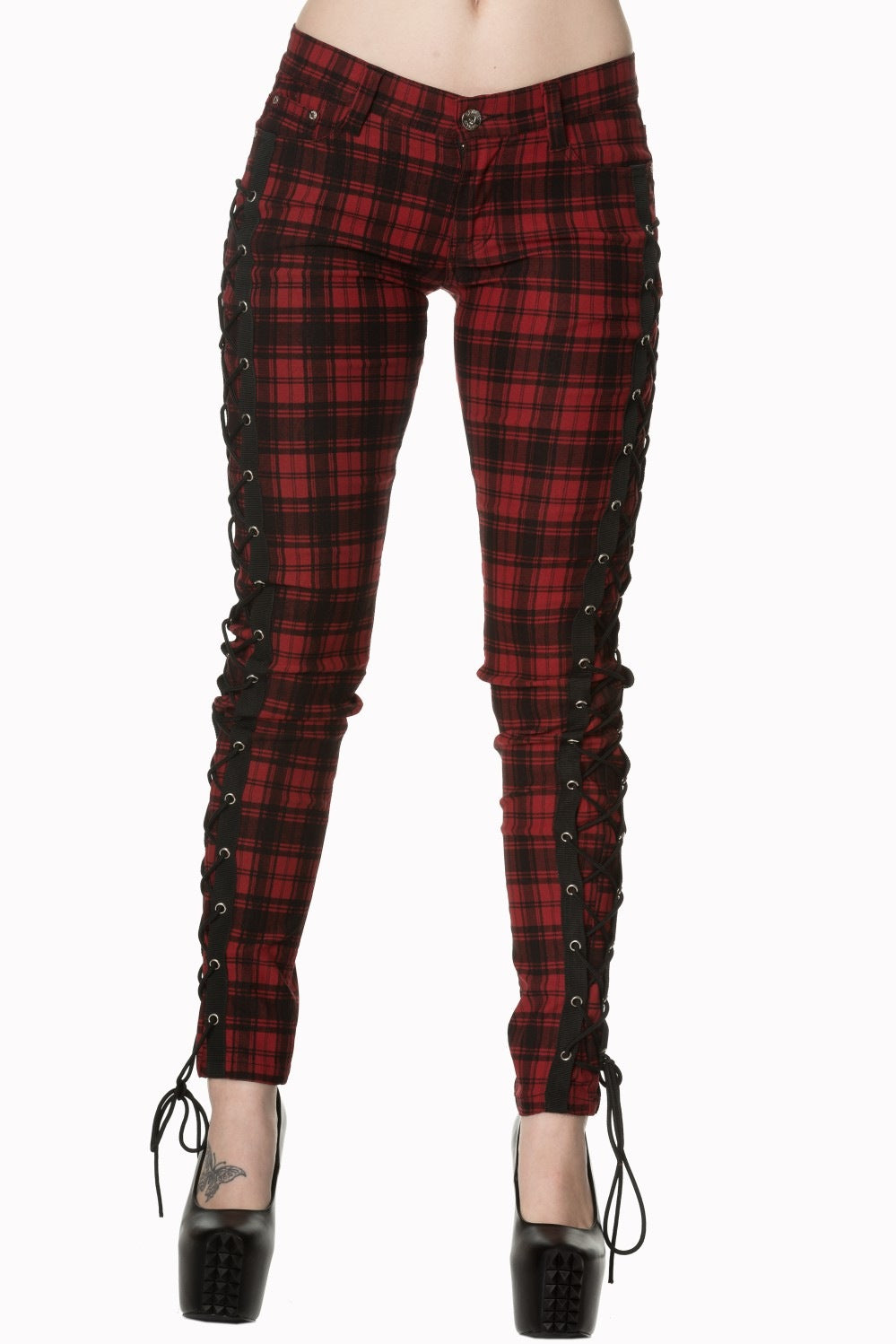 Low rise red check trousers with corset details on the side of the leg