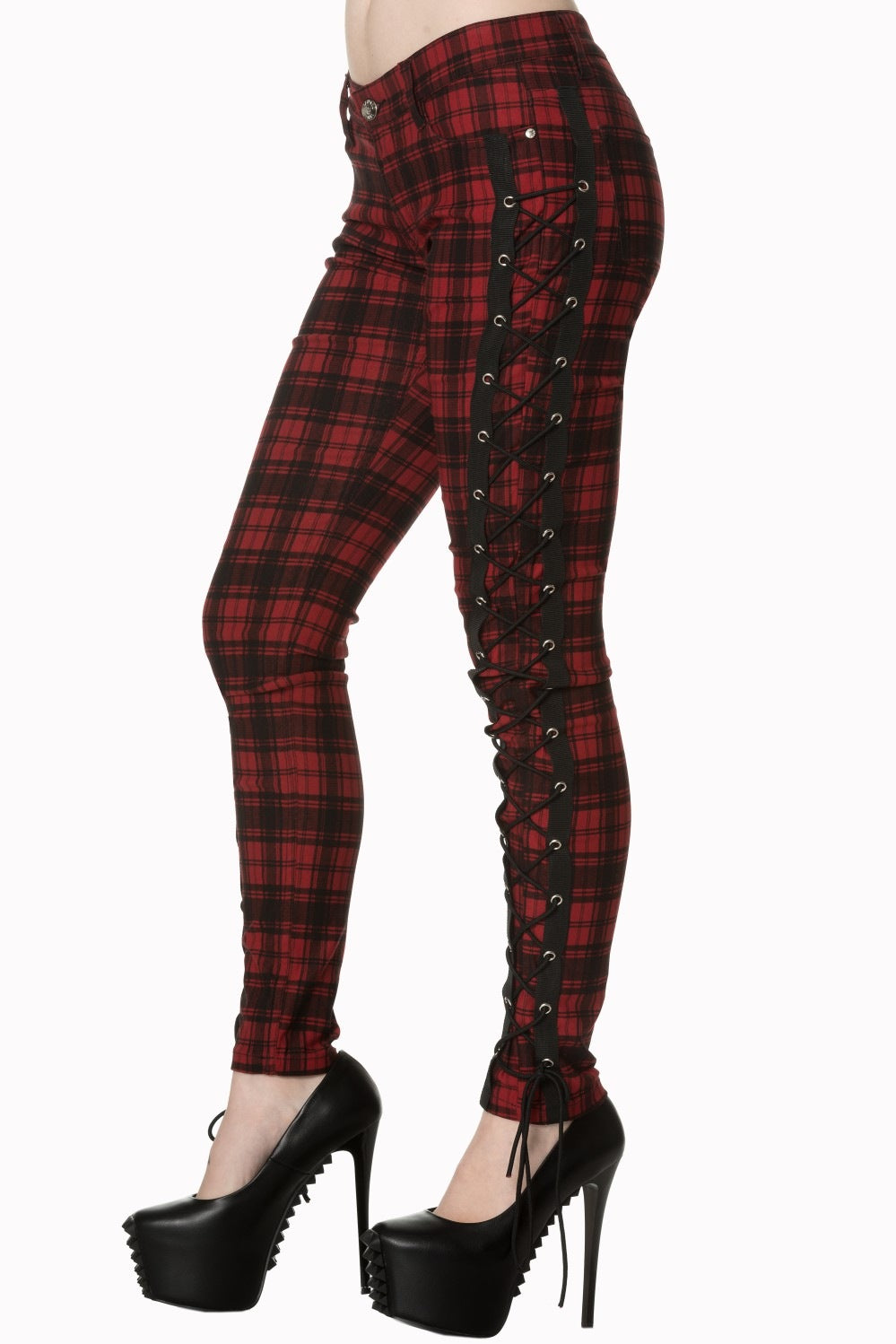 Low rise red check trousers with corset details on the side of the leg