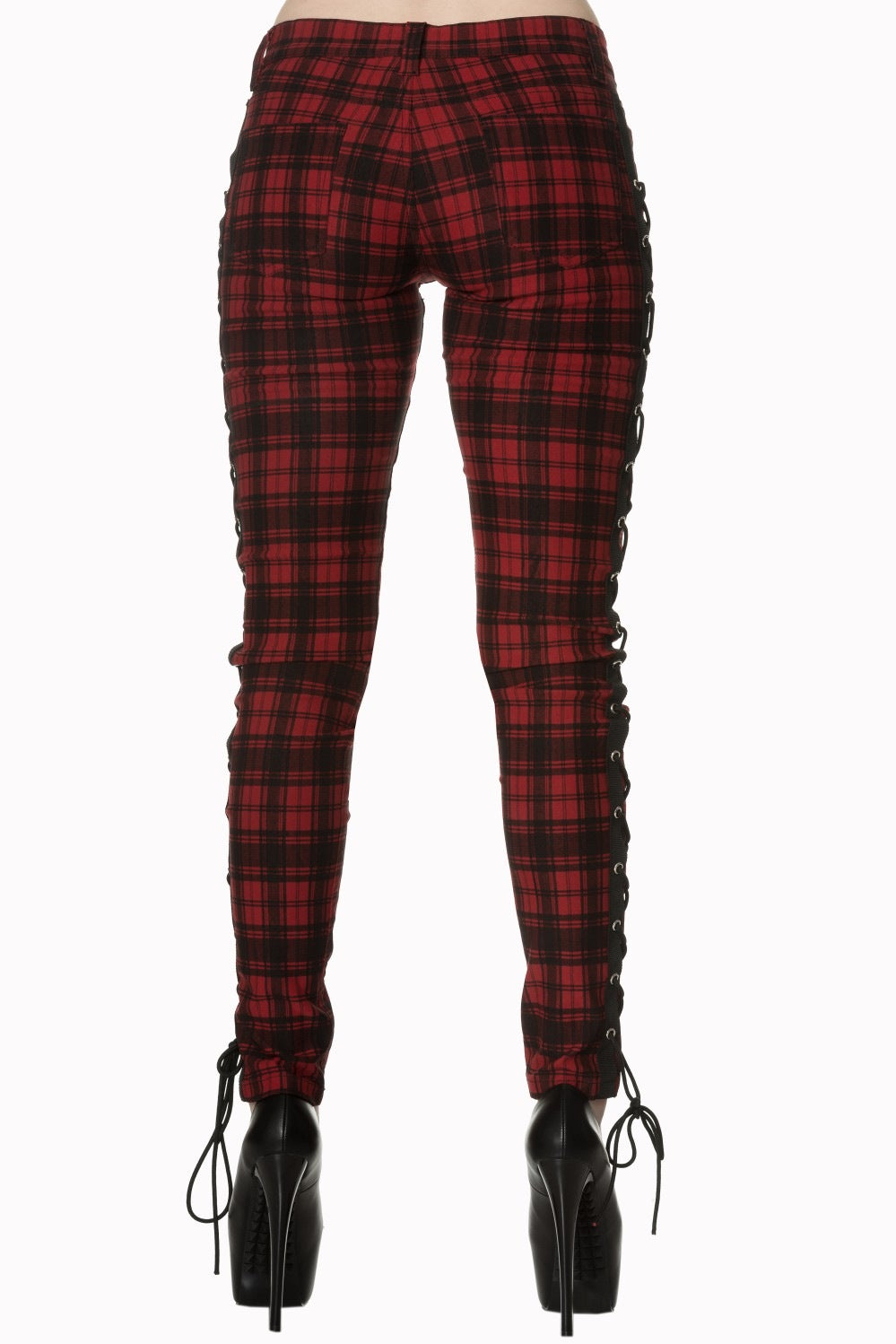Low rise red check trousers with corset details on the side of the leg