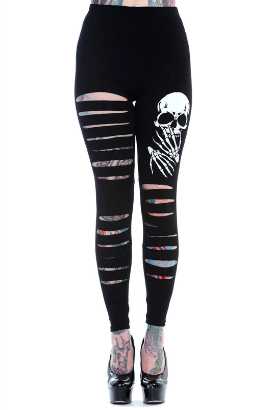 Banned Alternative Slashed Skull Black Leggings