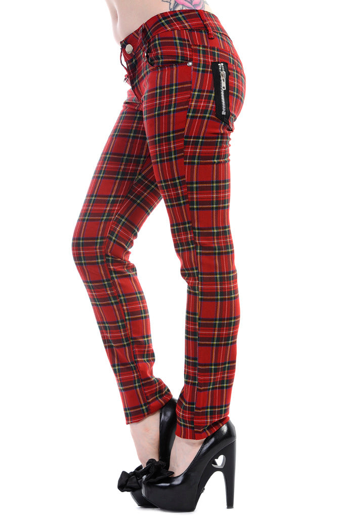 Mid rise red tartan skinny jeans