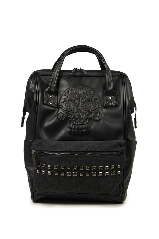 Skull emboss black studded backpack in black