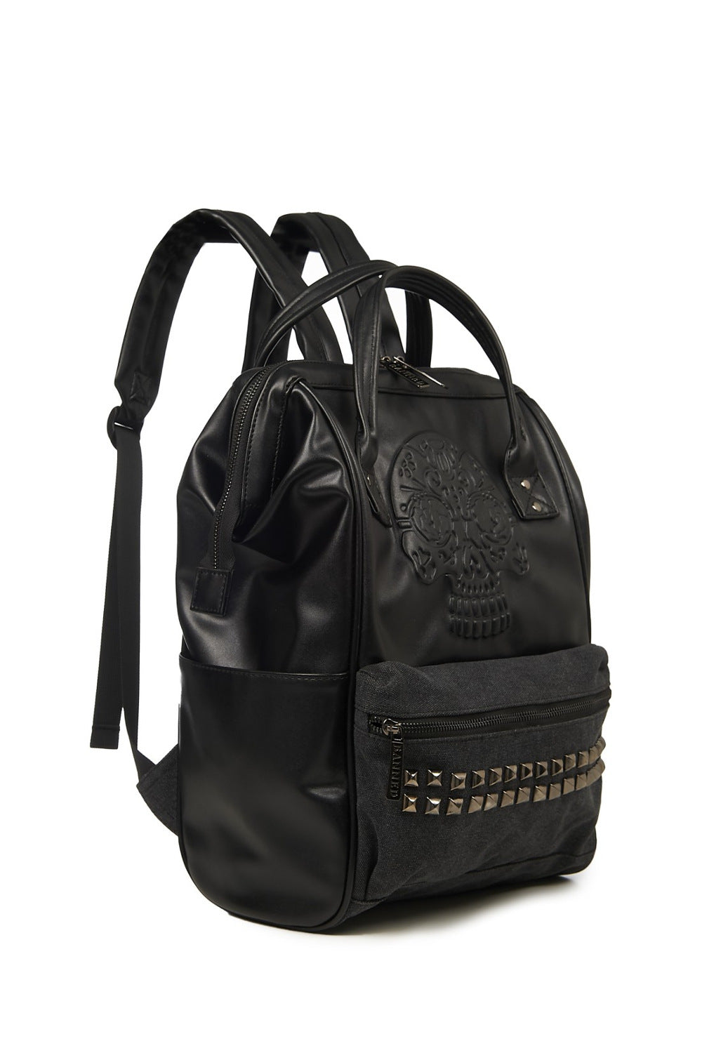 black leather spiked backpack Black Androginy Sugar Skull Cotton and PU Backpack by Banned Alternative – Banned Alternative