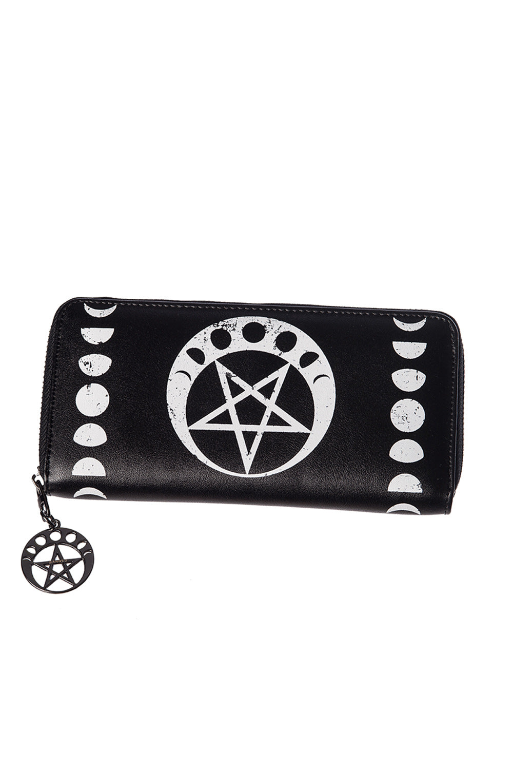 Pentagram with moon phases print on black purse with pendant
