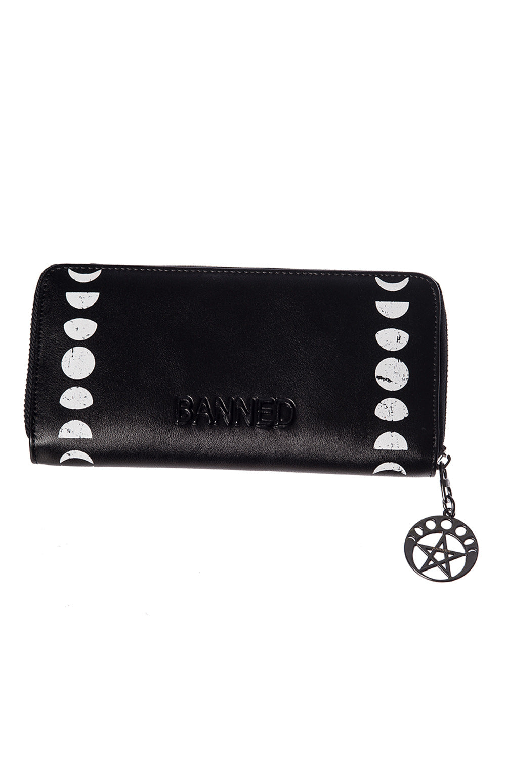 Pentagram with moon phases print on black purse with pendant