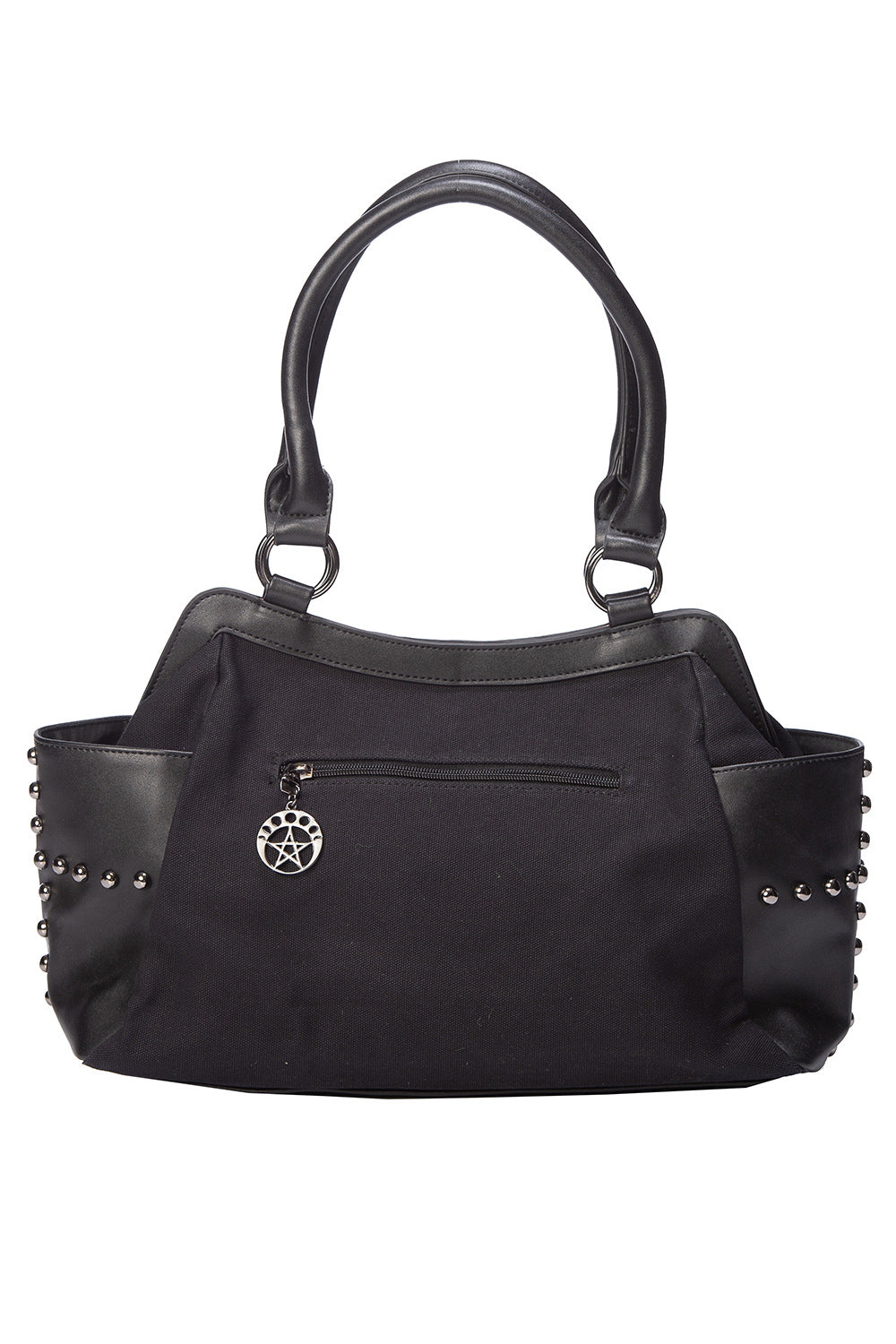 Back of black handbag with pentagram pendant zip