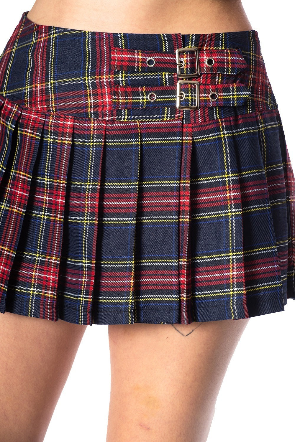 Navy and red tartan skirt with buckles