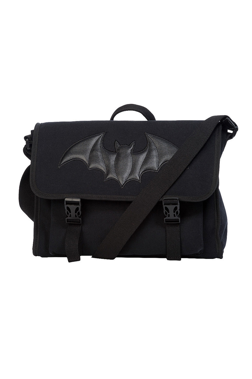 Black shoulder bag with embossed bat motif