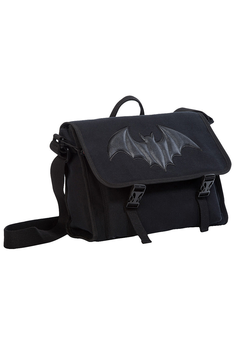 Black shoulder bag with embossed bat motif