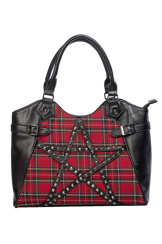 Black handbag with studded pentagram front with red tartan