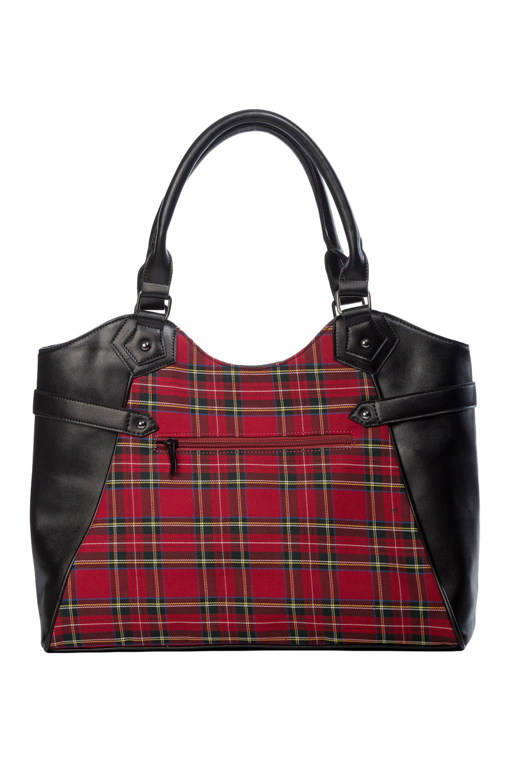 Black handbag with studded pentagram front with red tartan