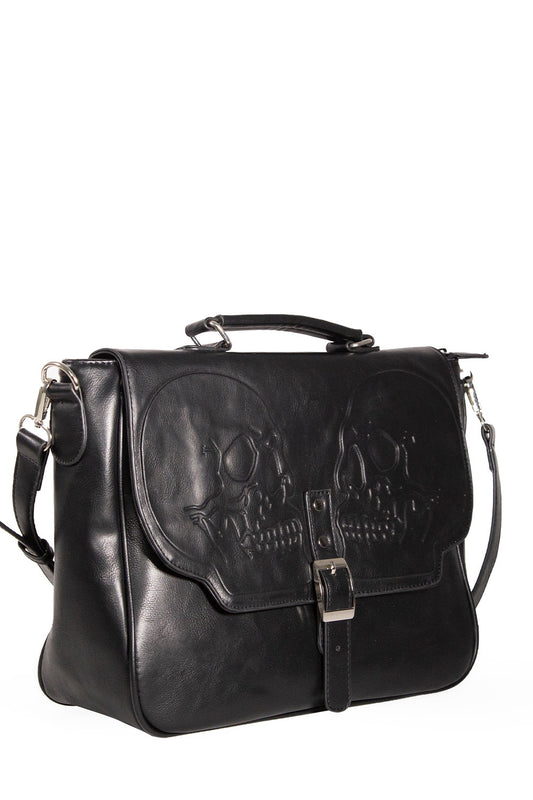 Black shoulder bag with two embossed skulls and buckle