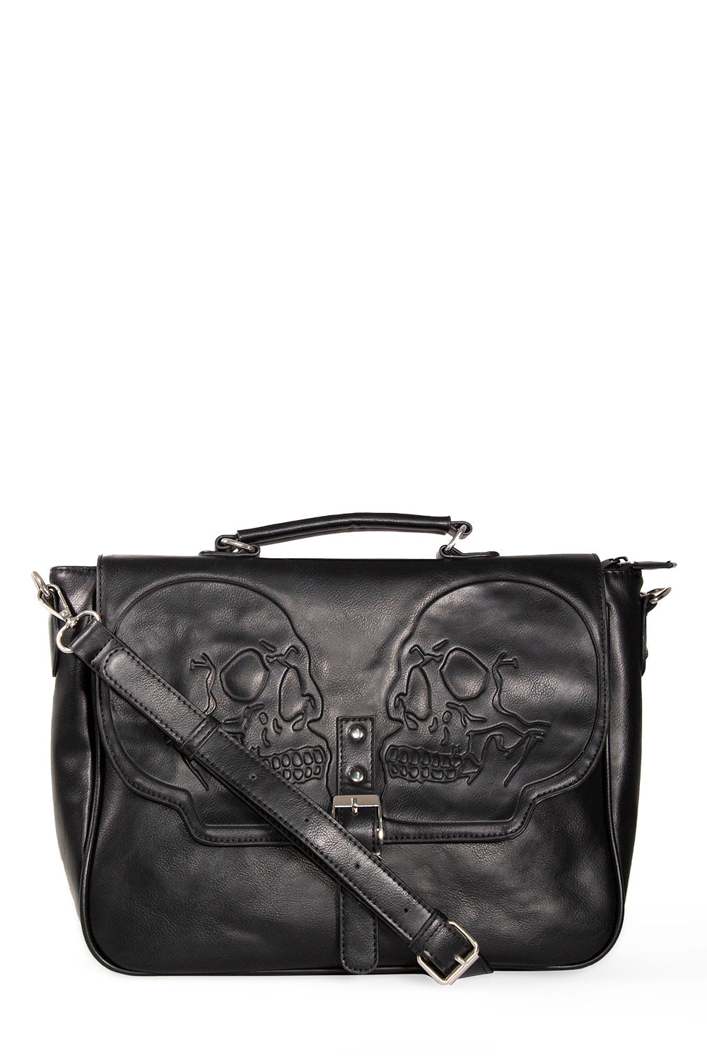 Black shoulder bag with two embossed skulls and buckle