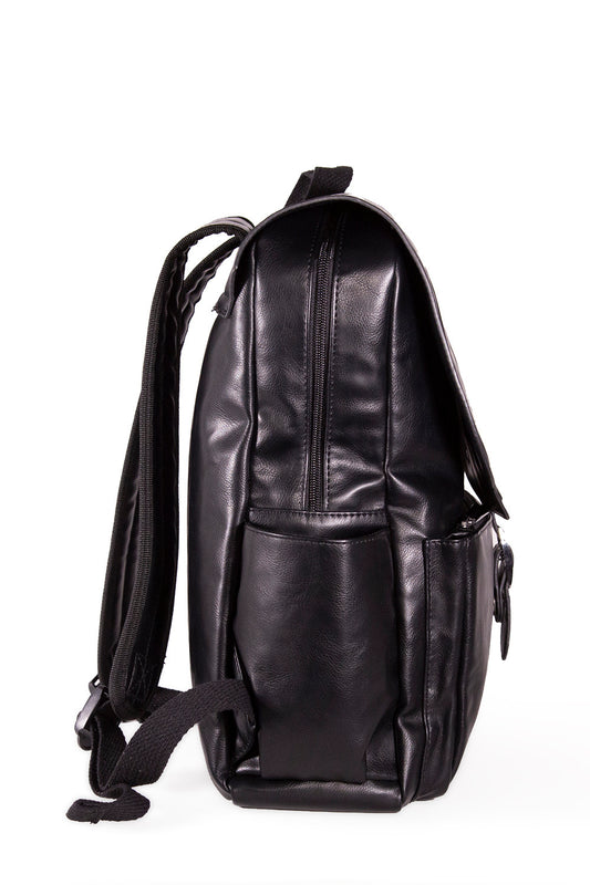 Black backpack with two embossed skulls and buckle