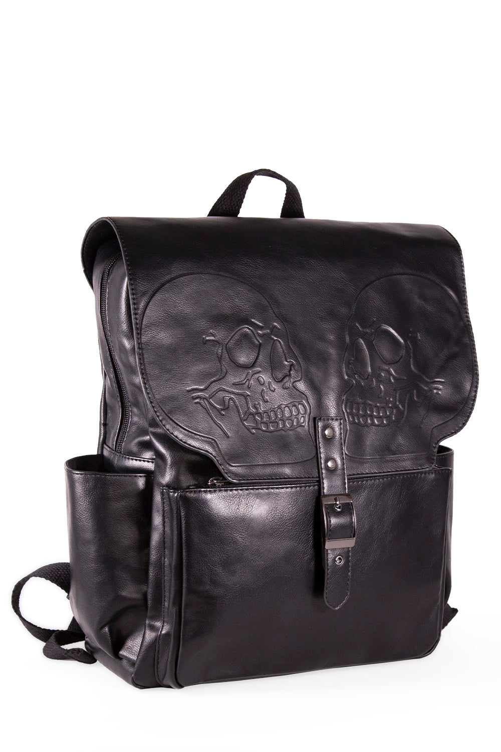 Black backpack with two embossed skulls and buckle