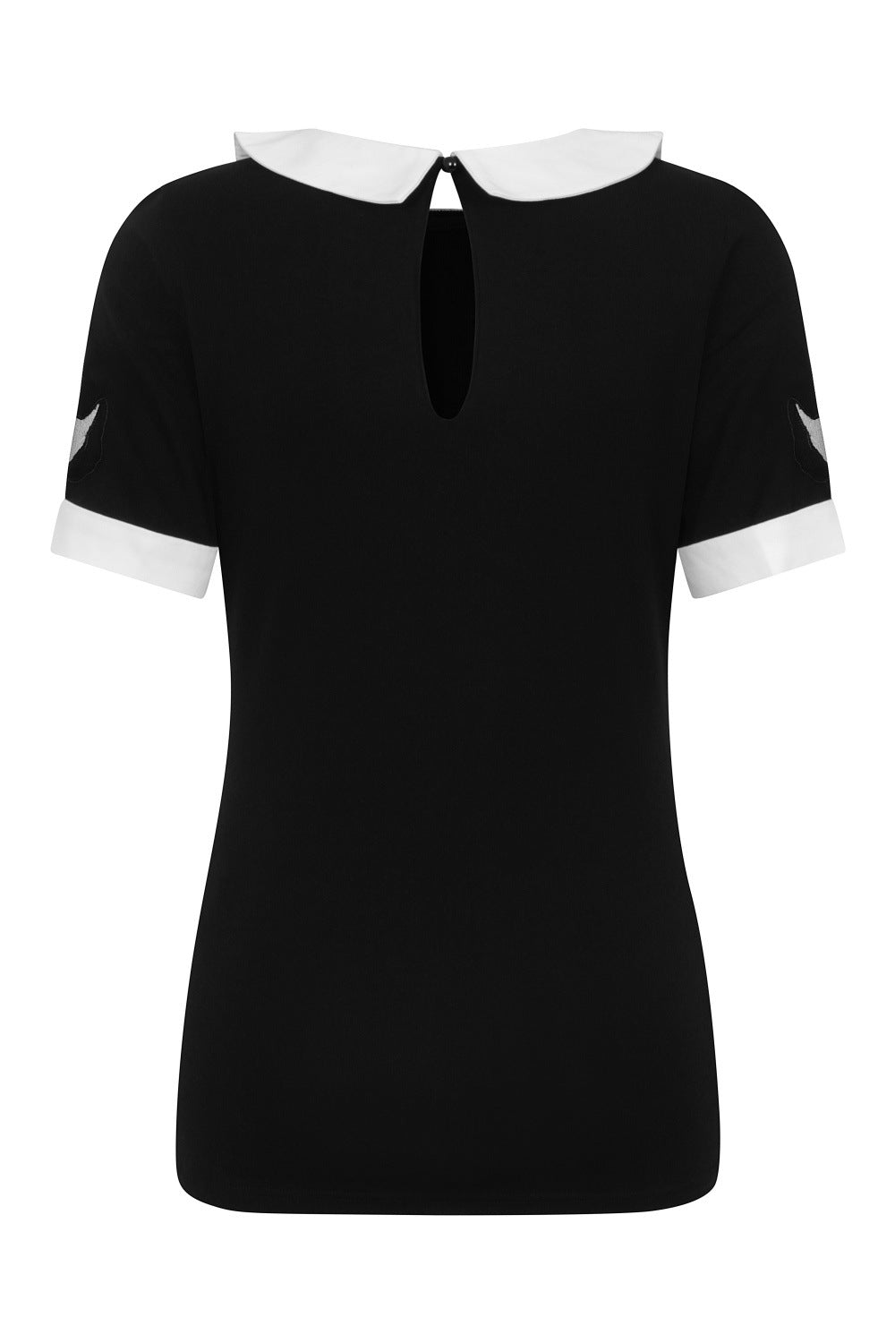 Black top with white collar and cuffs with cat mesh features