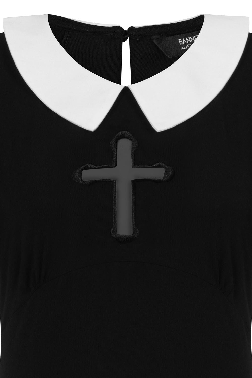 Black top with white sleeve cuff and collar. Featuring a cross mesh feature