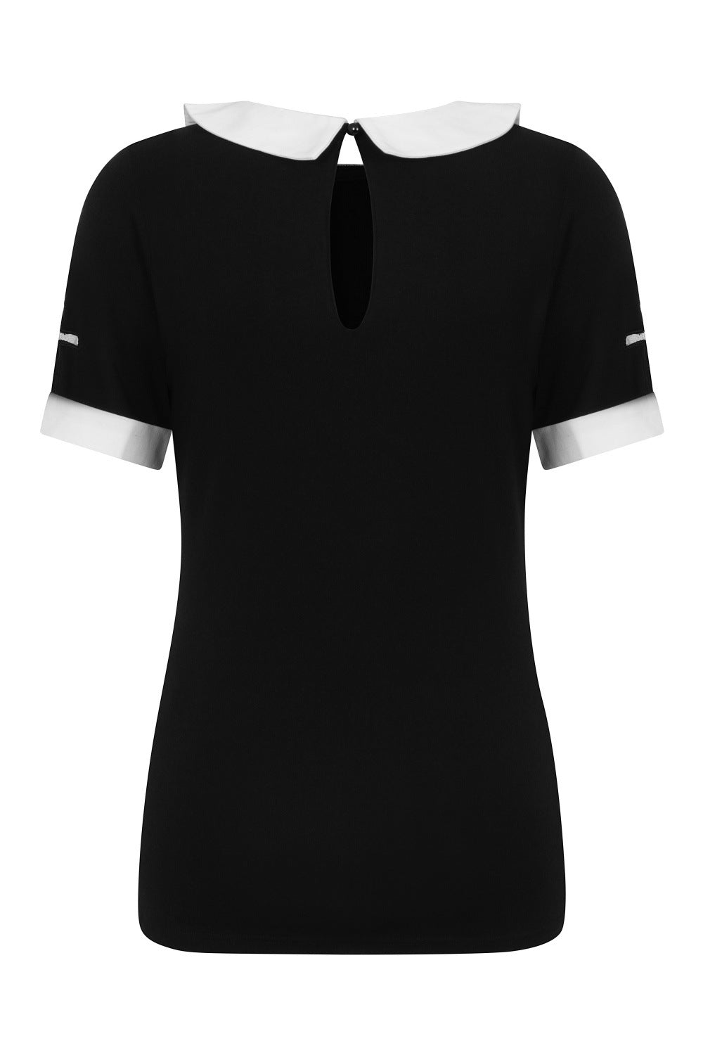 Black top with white sleeve cuff and collar. Featuring a cross mesh feature