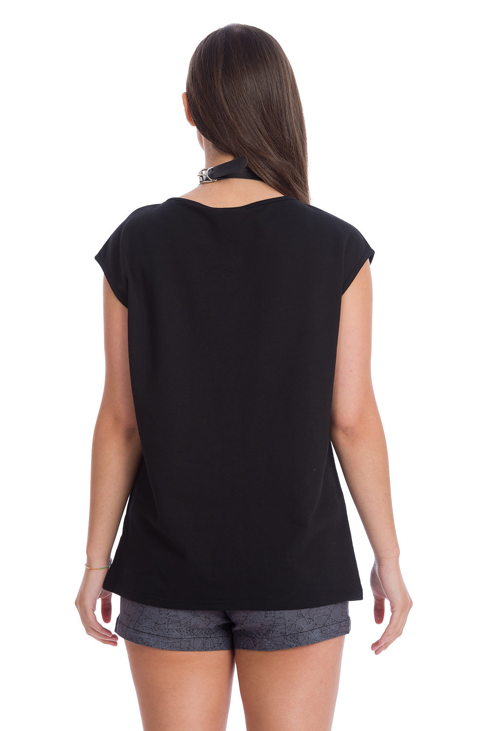 Model wearing long line black t-shirt with corset details in short sleeve
