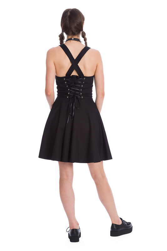 Back of black dress with corset fit detail around waist and cross over straps