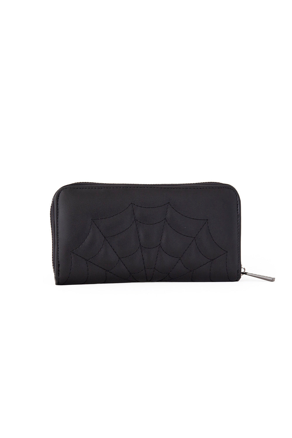 Back of black purse with embossed spider web