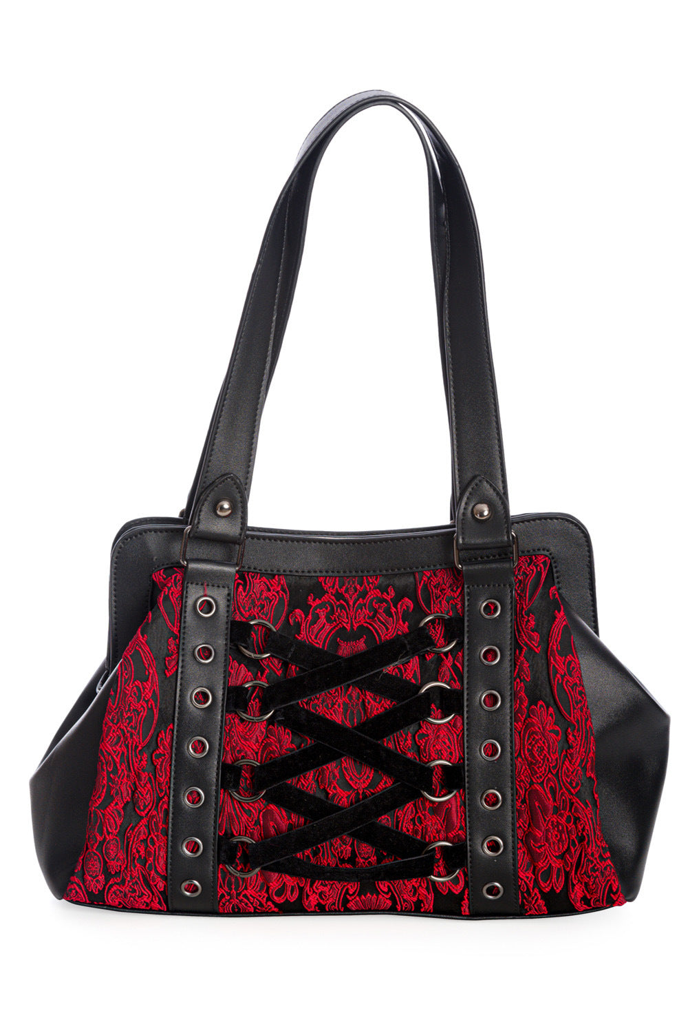 Black over the shoulder handbag in black with red lace details and corset feature to front.