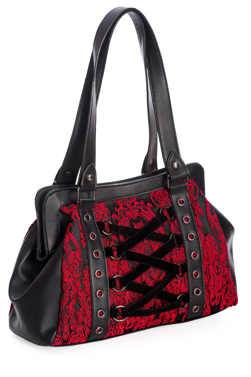 Black over the shoulder handbag in black with red lace details and corset feature to front.