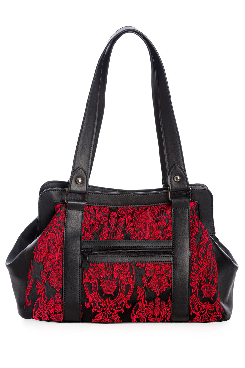 Black over the shoulder handbag in black with red lace details and corset feature to front.