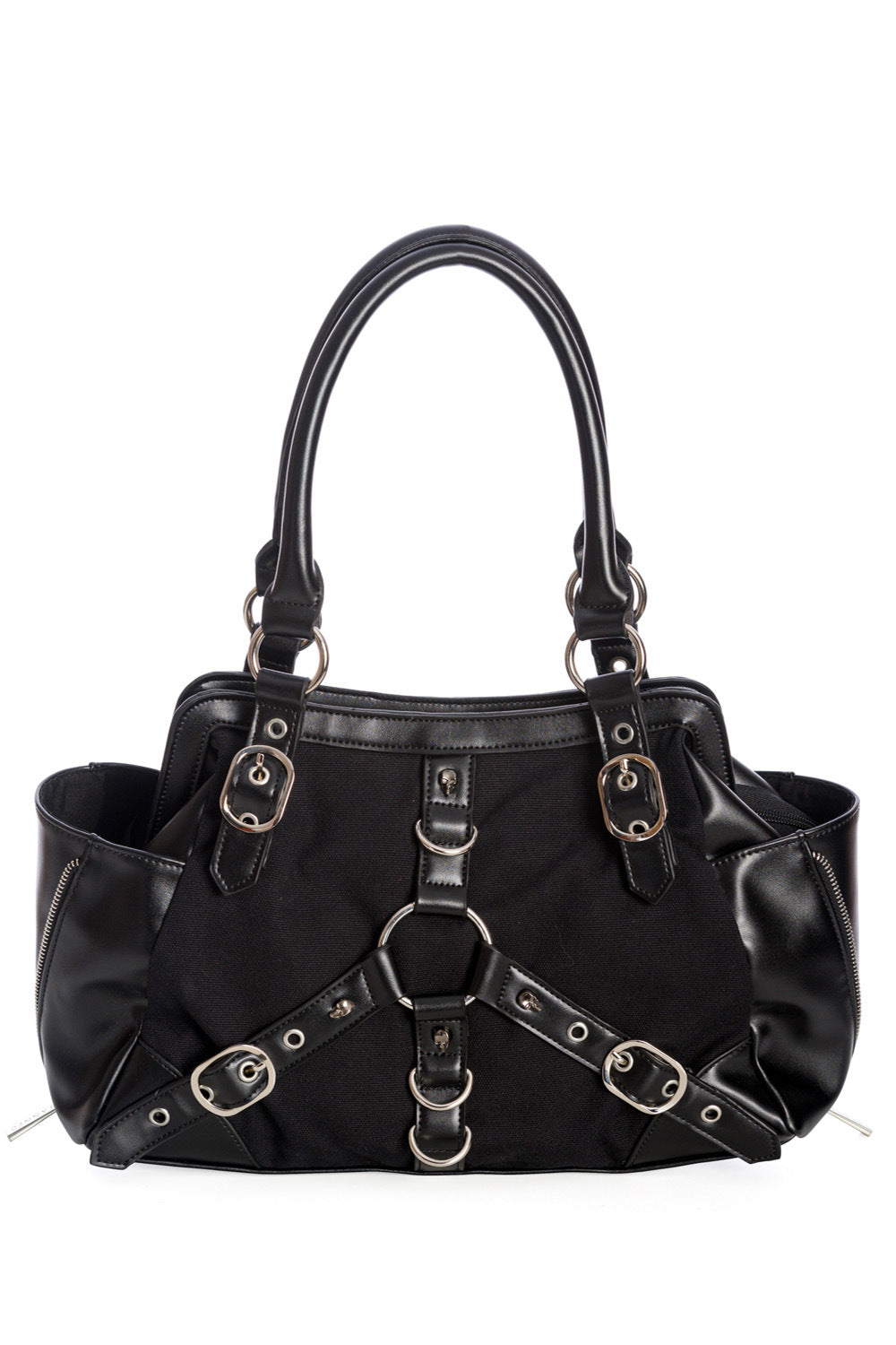 Black shoulder handbag with buckle details on the front centre.