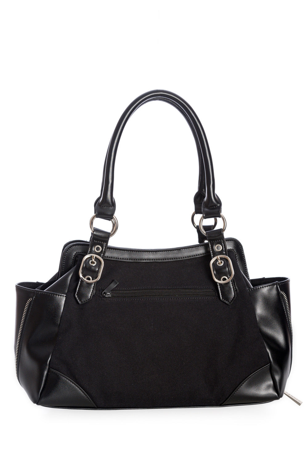 Black shoulder handbag with buckle details on the front centre.