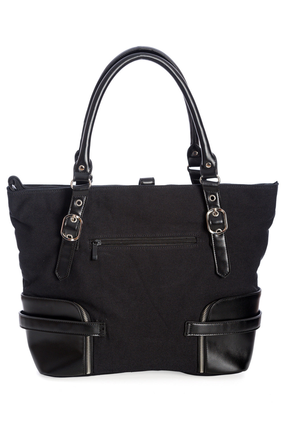 Large tote black tote bag with buckle details in the centre.