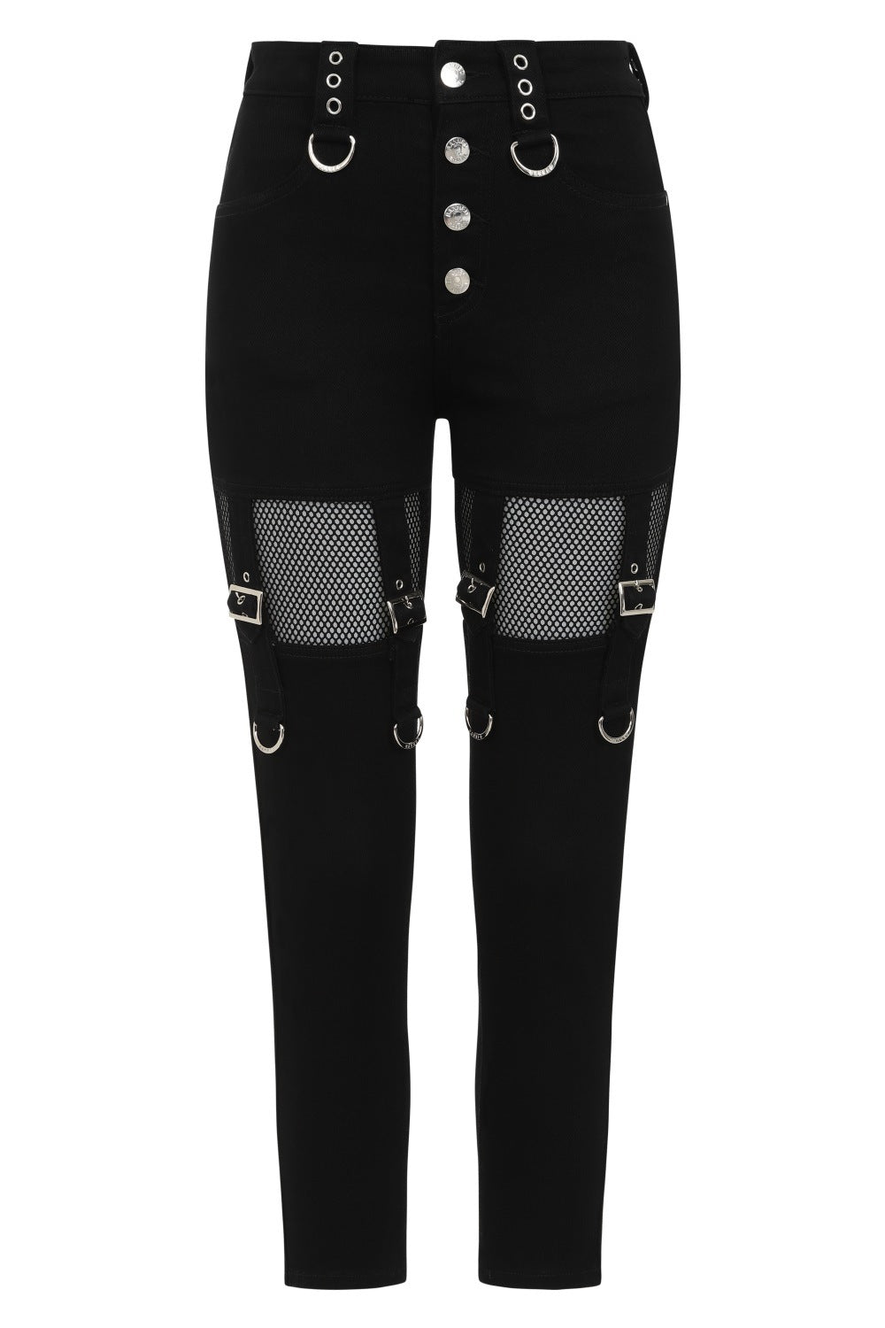 Mid rise black trousers with black mesh cut outs on the thighs and strap details