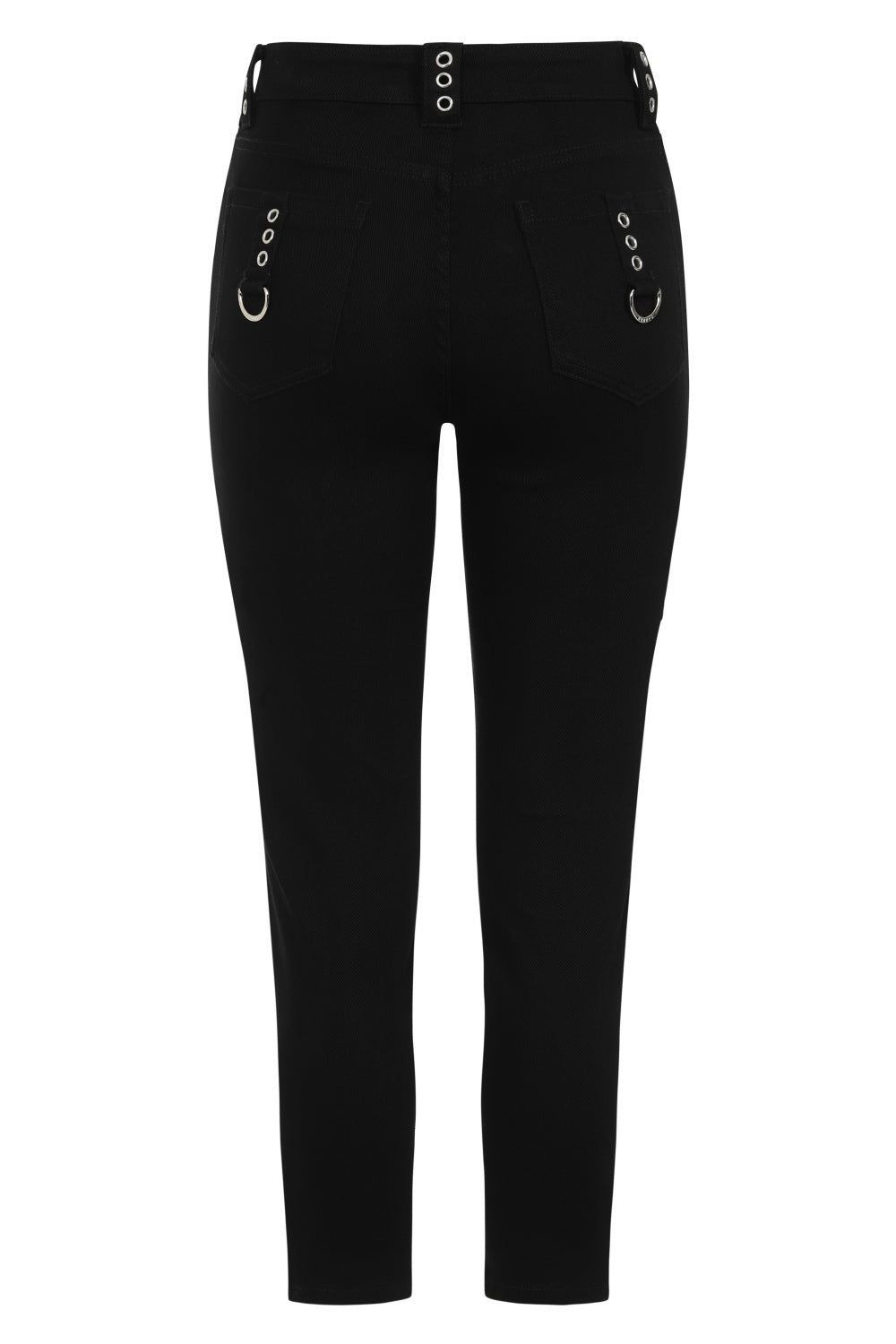 Mid rise black trousers with black mesh cut outs on the thighs and strap details