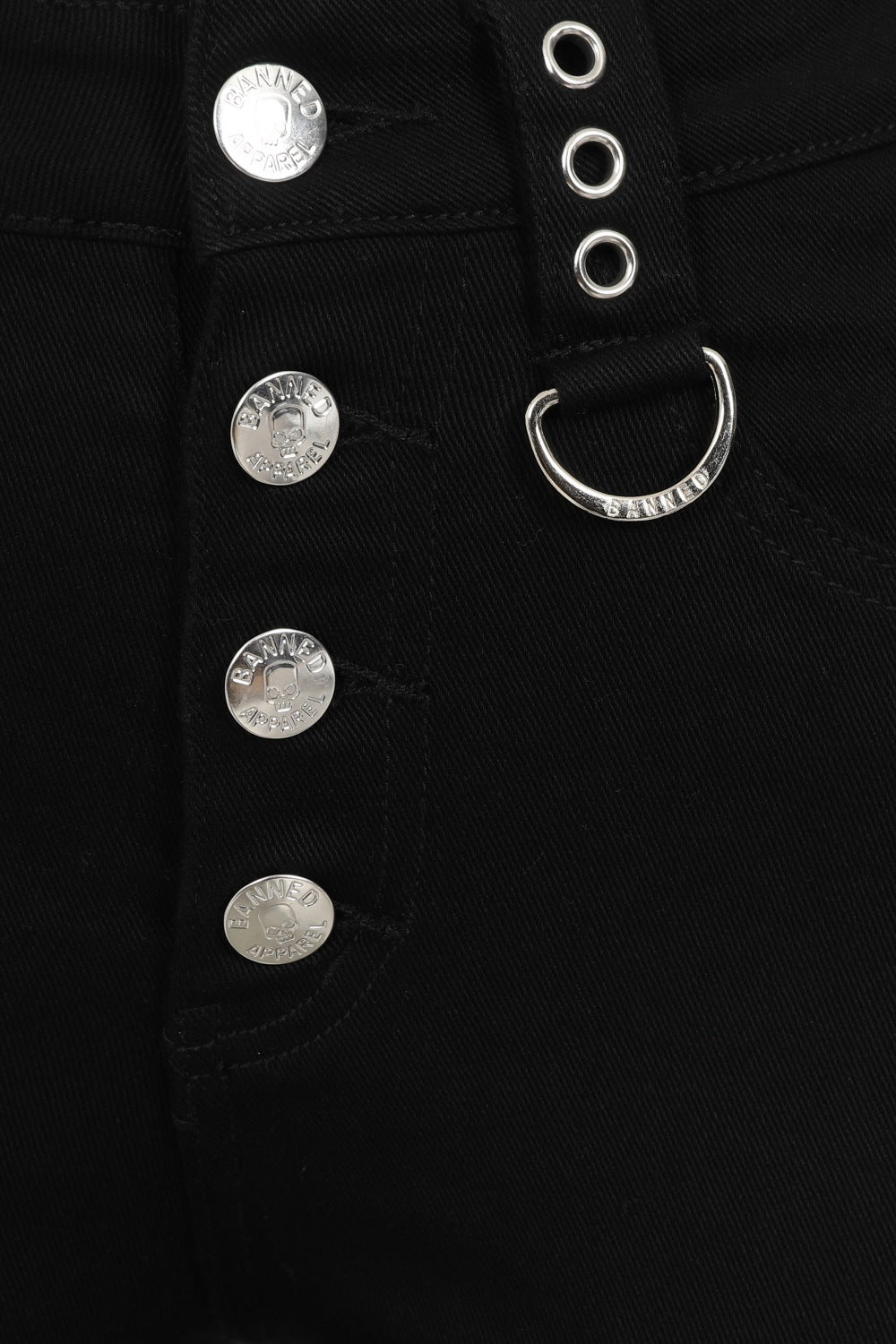Mid rise black trousers with black mesh cut outs on the thighs and strap details