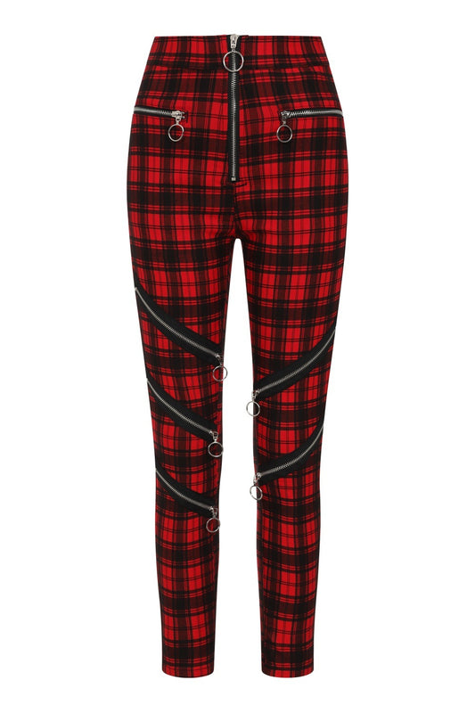 High waisted red check trousers with zip details on legs