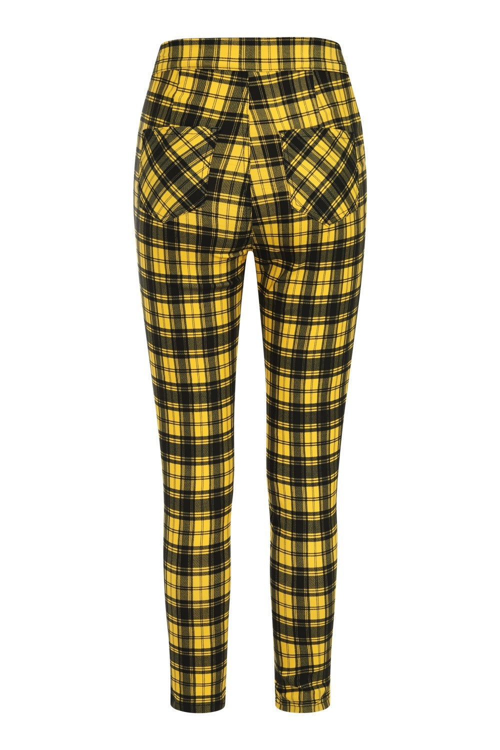 High waisted trousers in yellow tartan with zip front and pentagram zip details