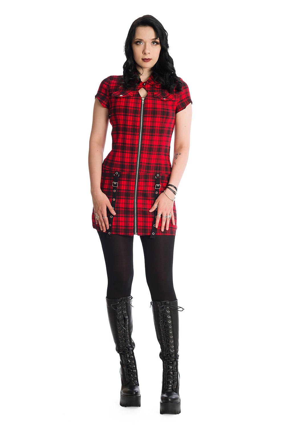 Tartan Black and Red Night Front Zip Studded Dress by Banned Alternative