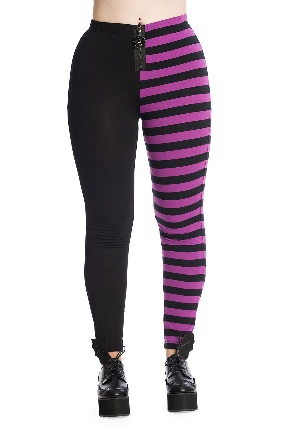 High waisted leggings with one striped purple leg and zip waist