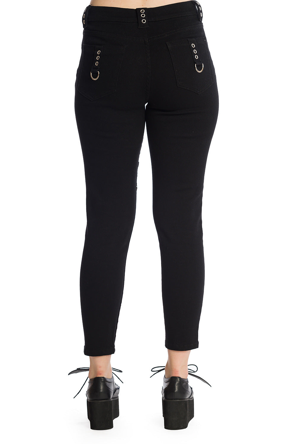 Mid rise black trousers with black mesh cut outs on the thighs and strap details