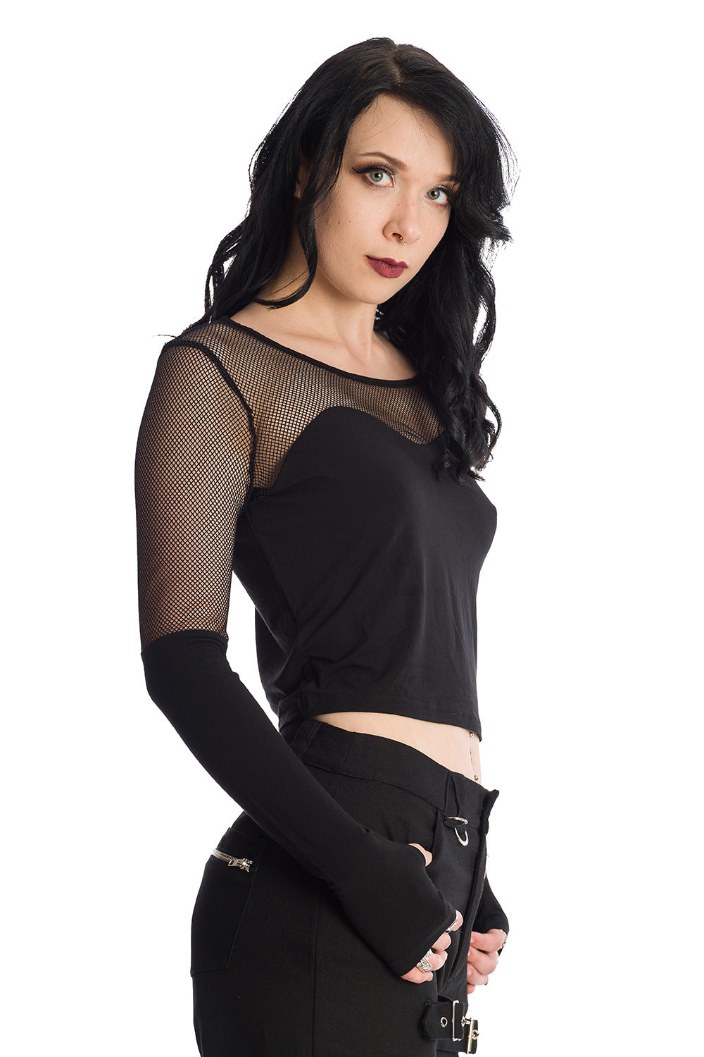 Grunge model wearing mesh long sleeve top with thumb holes in black