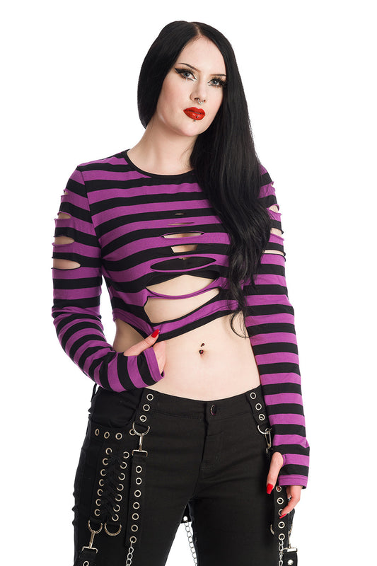 Gothic model wearing a purple striped crop top with rip features and thumb hole sleeves 
