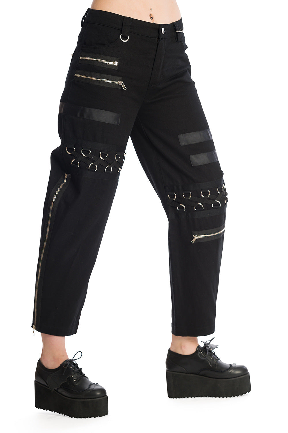 Baggy black trousers with zip and buckle features
